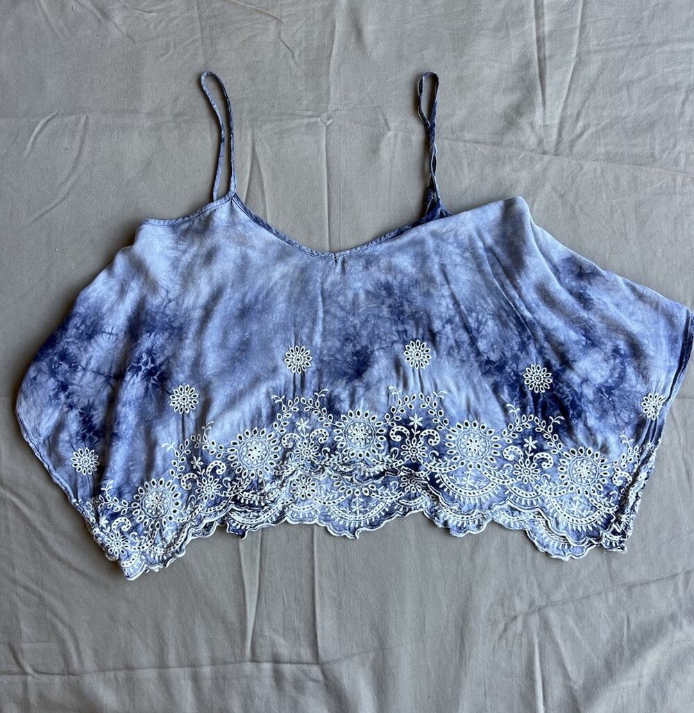 American Rag Cie M Blue Tie Dye Eyelet Embroidered Handkerchief Hem Boho Cami